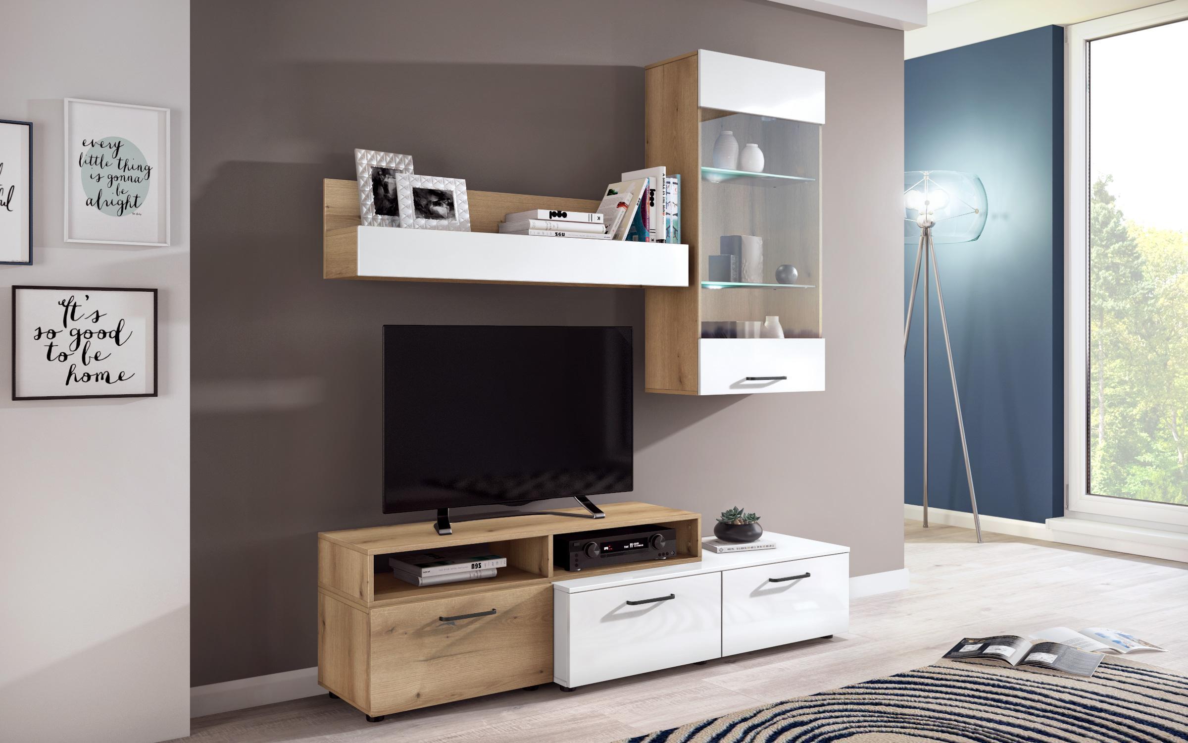 Стенка Шелли + LED, дуб эвок + белый глянец  1